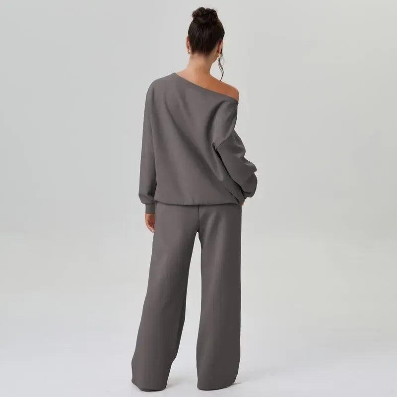 Sloping Shoulder Top & Wide Leg Pants Set