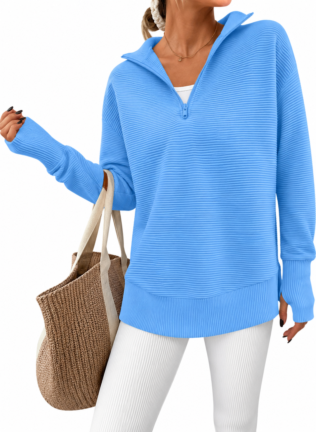 Women's Ribbed Half-Zip Tunic Sweater – Relaxed Fit Long Sleeve Pullover