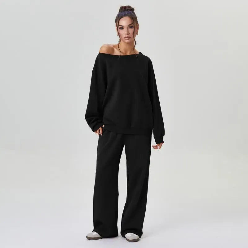 Sloping Shoulder Top & Wide Leg Pants Set