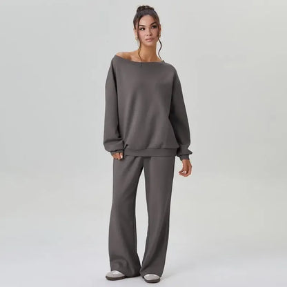 Sloping Shoulder Top & Wide Leg Pants Set