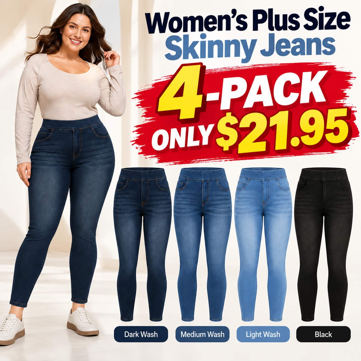 Women's Plus Size Dark Wash Skinny Jeans, Pull-On Stretch Denim With Pockets