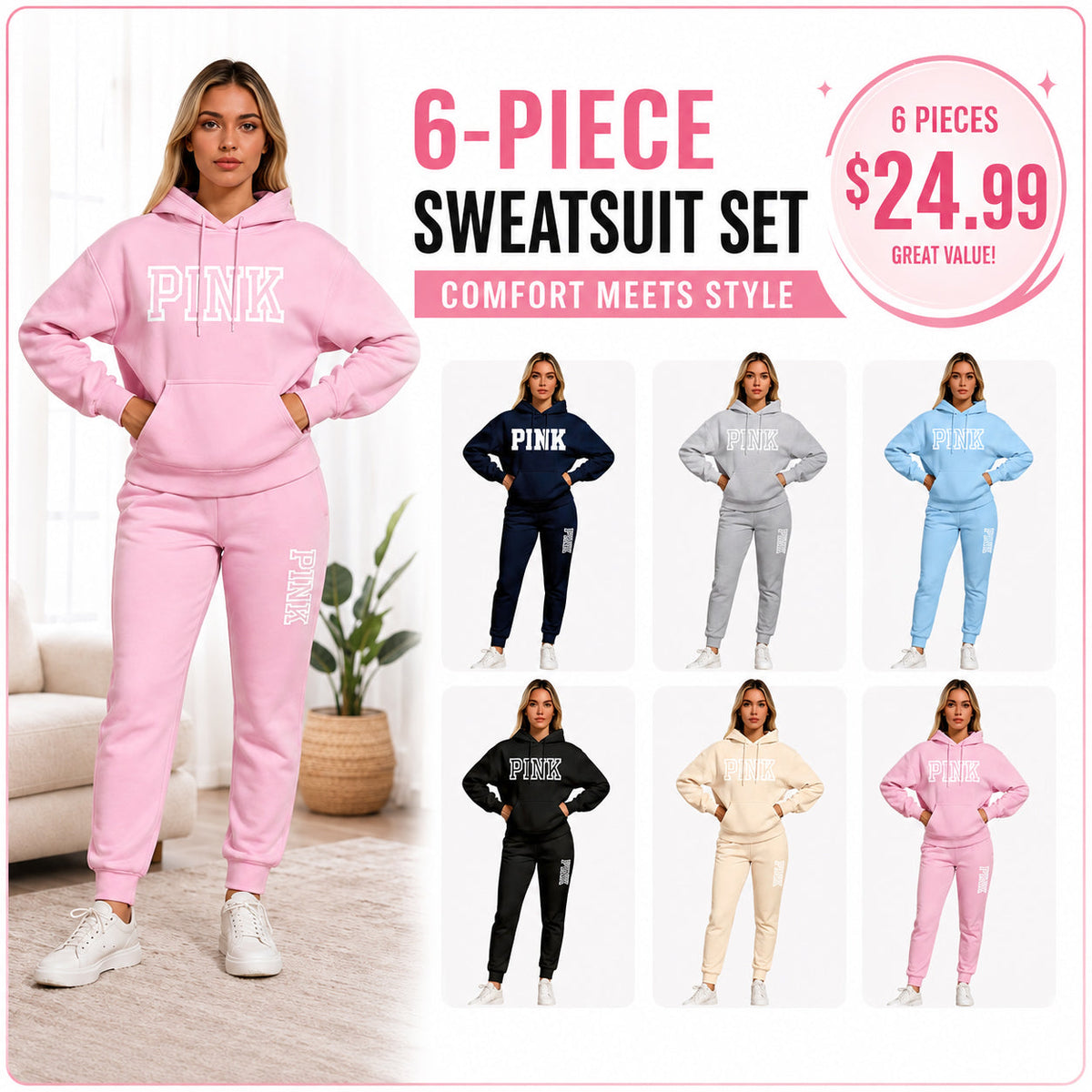 Women's Casual Printed Hoodie & Drawstring Jogger Pants Set