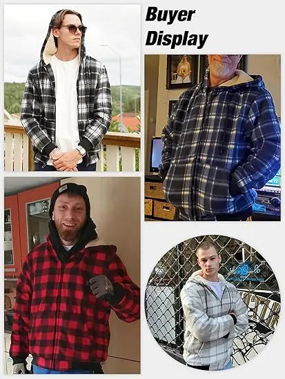 Men's Slim-Fit Thickened Plaid Fleece Hooded Jacket