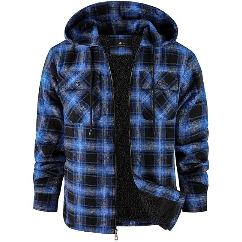 Men's Slim-Fit Thickened Plaid Fleece Hooded Jacket