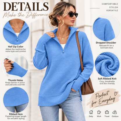 Women's Ribbed Half-Zip Tunic Sweater – Relaxed Fit Long Sleeve Pullover