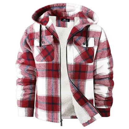 Men's Slim-Fit Thickened Plaid Fleece Hooded Jacket