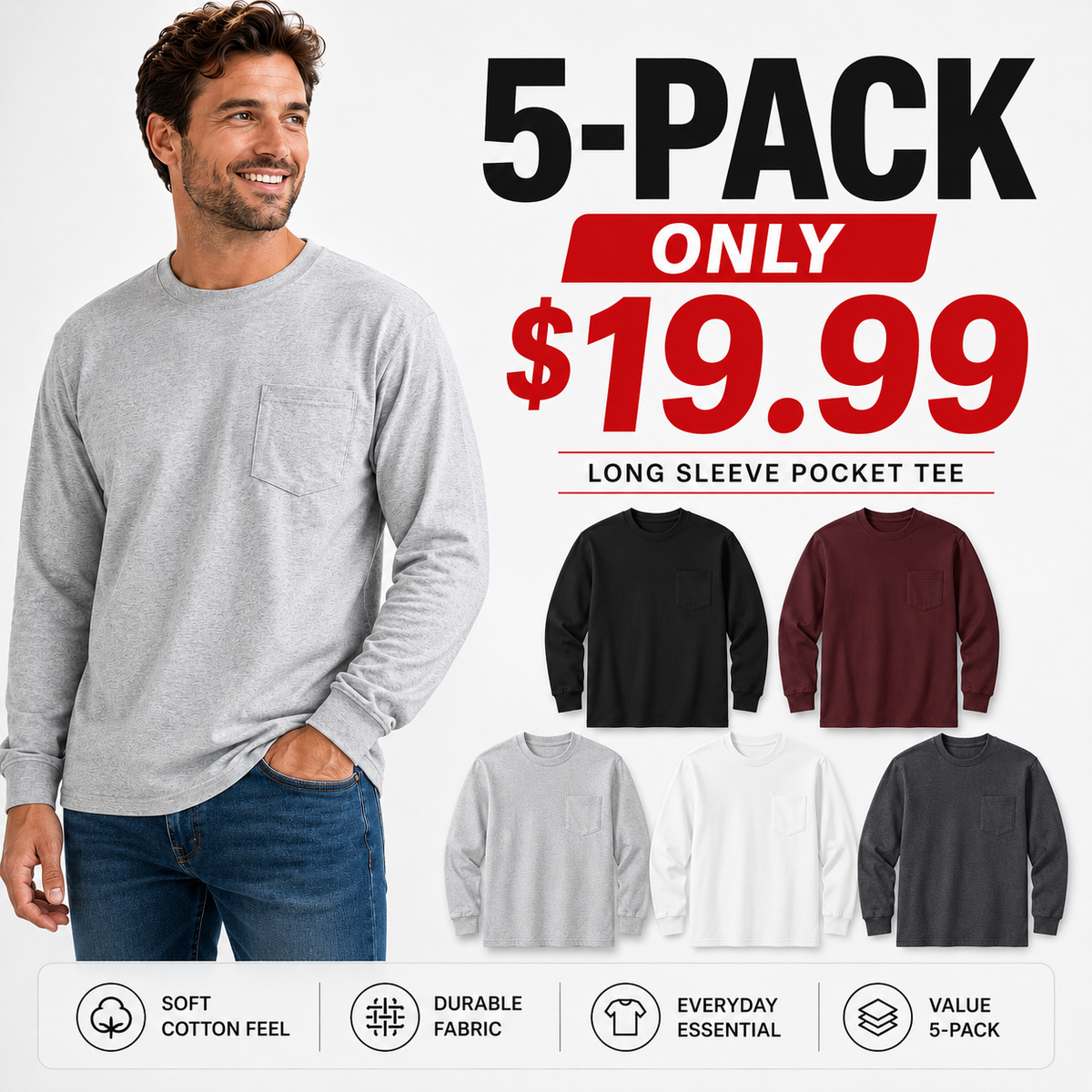 🔥Men's Heavyweight Long-Sleeve Pocket T-Shirt – Relaxed Fit Everyday Casual Tee | Big & Tall Available