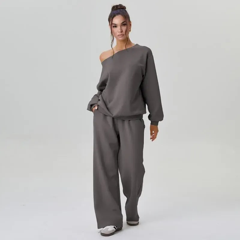 Sloping Shoulder Top & Wide Leg Pants Set