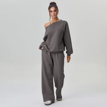 Sloping Shoulder Top & Wide Leg Pants Set
