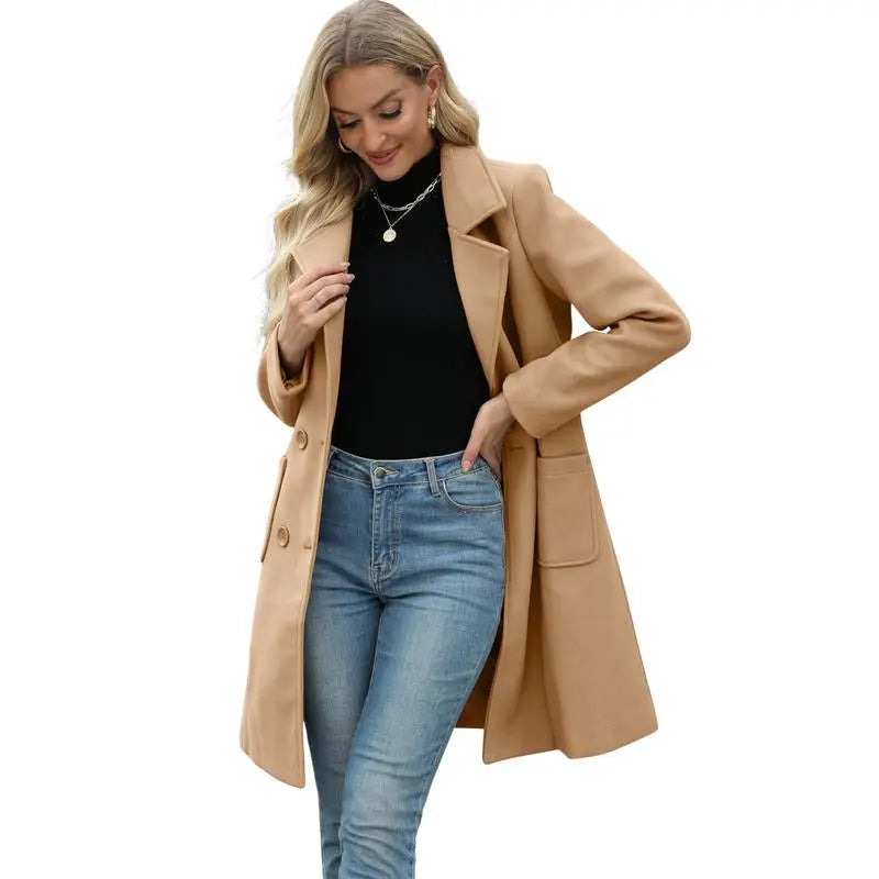 Women's Winter Wool Blend Camel Mid-Long Coat