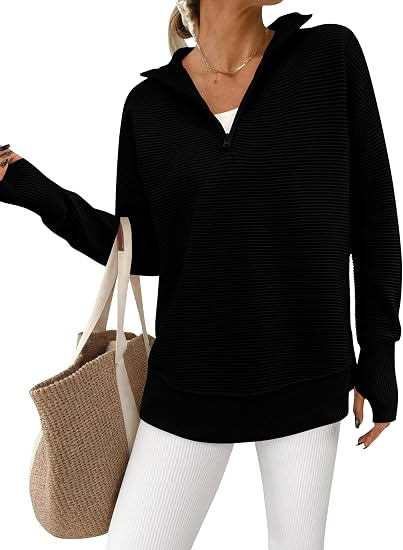 Women's Ribbed Half-Zip Tunic Sweater – Relaxed Fit Long Sleeve Pullover