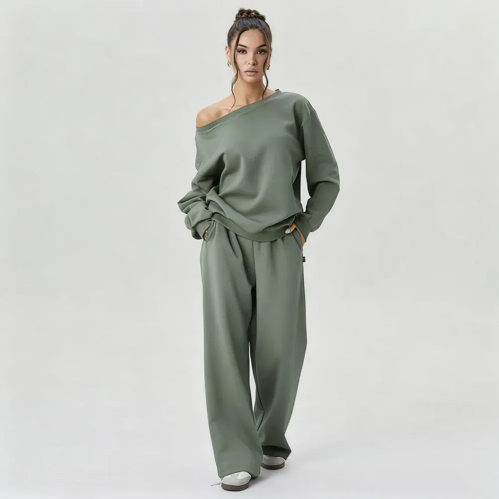 Sloping Shoulder Top & Wide Leg Pants Set