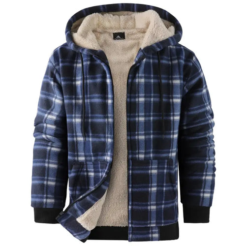 Men's Slim-Fit Thickened Plaid Fleece Hooded Jacket