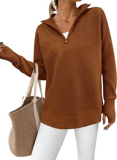 Women's Ribbed Half-Zip Tunic Sweater – Relaxed Fit Long Sleeve Pullover