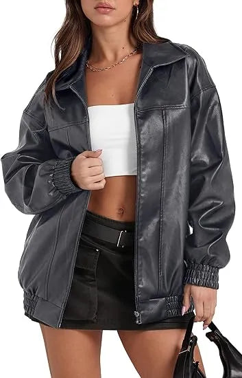 Leather Jacket Women Faux Oversized Motorcycle Bomber Coats 2025 – Bold, Chic & Unstoppable