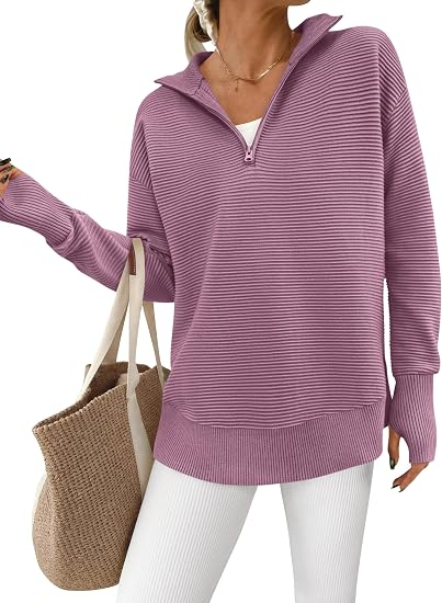 Women's Ribbed Half-Zip Tunic Sweater – Relaxed Fit Long Sleeve Pullover
