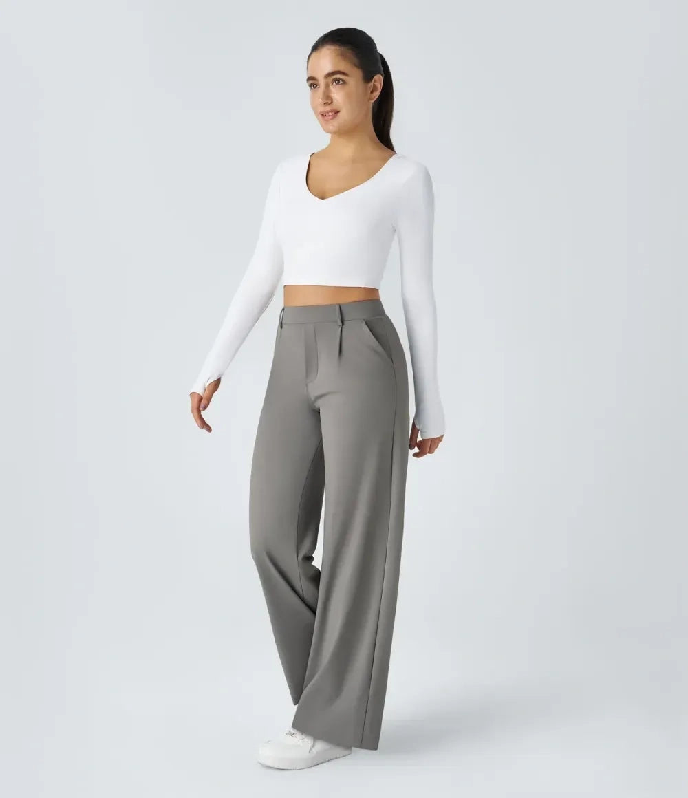 🔥Limited-Time Promotion-High Waisted Plicated Side Pocket Straight Leg Work Pants