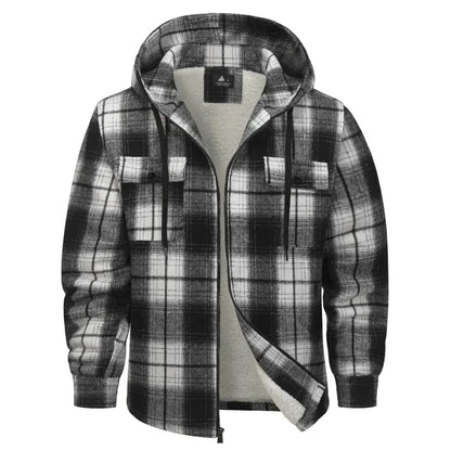 Men's Slim-Fit Thickened Plaid Fleece Hooded Jacket