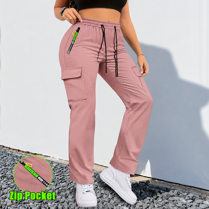 【LAST DAY SALE】Women's Cargo Pants - Non-Stretchy Work Pants with Zipper Pocket, Drawstring Waist, All-Season Trousers for Hiking, Running