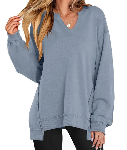 Womens Oversized Sweatshirt V Neck Long Sleeve Tunic Lightweight Pullover 2026 Winter Casual Tops Teen Girl Outfits