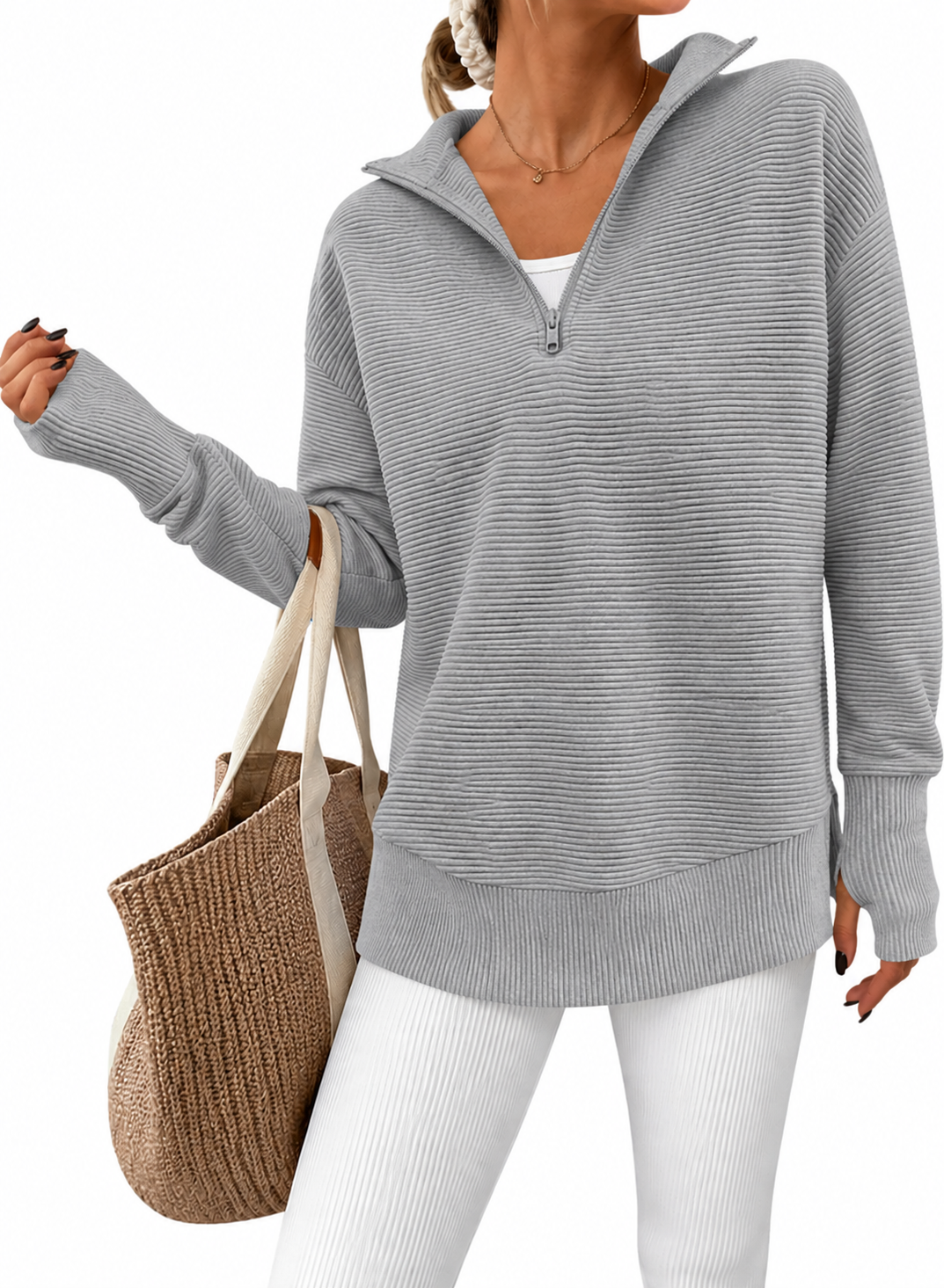 Women's Ribbed Half-Zip Tunic Sweater – Relaxed Fit Long Sleeve Pullover