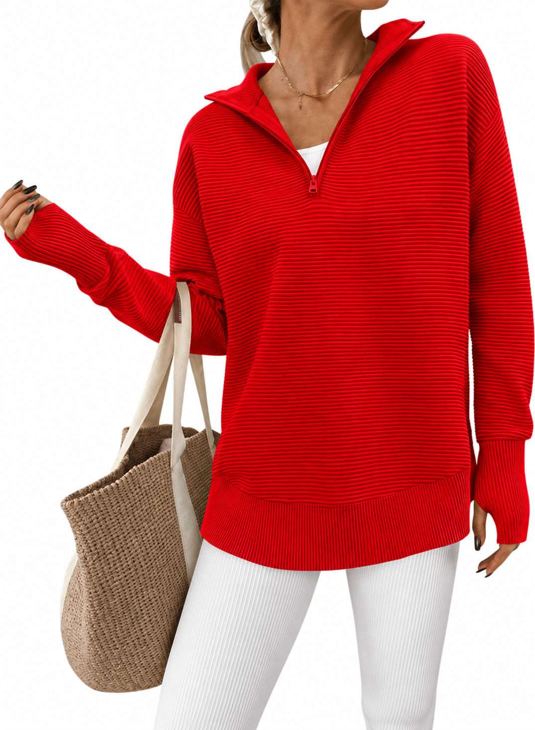 Women's Ribbed Half-Zip Tunic Sweater – Relaxed Fit Long Sleeve Pullover