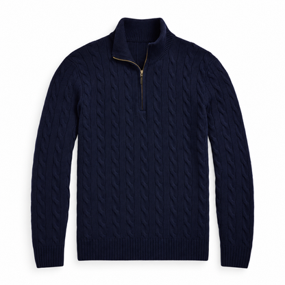 Men’s Cable Knit Quarter Zip Sweater, Classic Long Sleeve Pullover with Ribbed Collar
