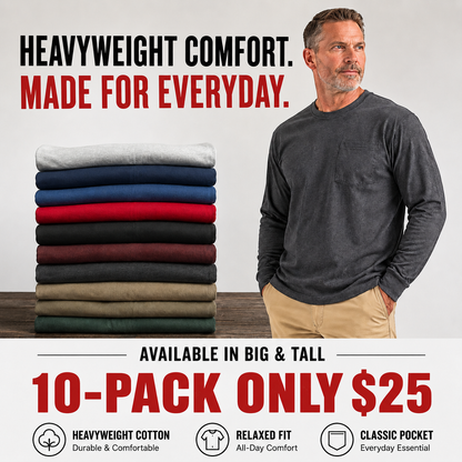 🔥Men's Heavyweight Long-Sleeve Pocket T-Shirt – Relaxed Fit Everyday Casual Tee | Big & Tall Available