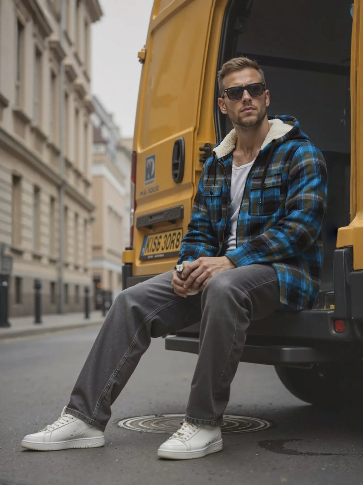 Men's Slim-Fit Thickened Plaid Fleece Hooded Jacket
