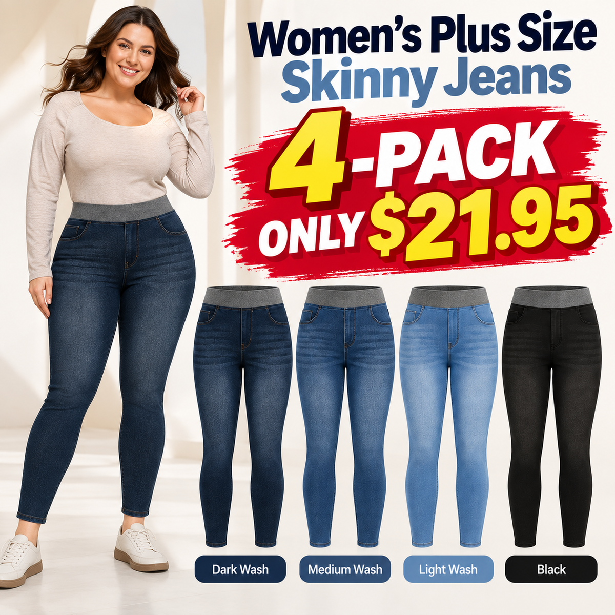 Women's Plus Size Dark Wash Skinny Jeans, Pull-On Stretch Denim With Pockets