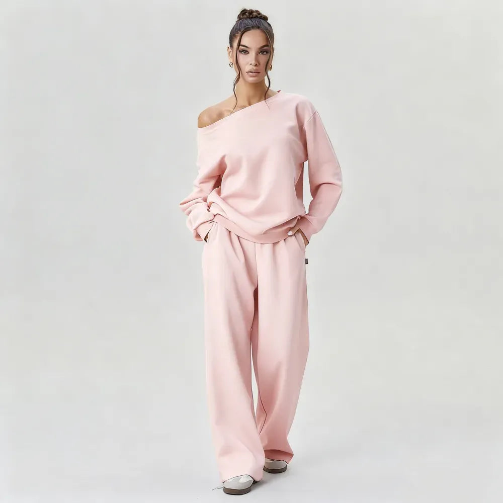 Sloping Shoulder Top & Wide Leg Pants Set