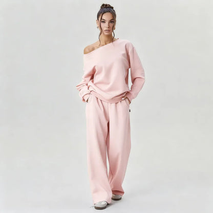 Sloping Shoulder Top & Wide Leg Pants Set