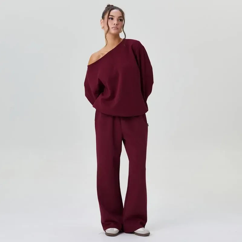Sloping Shoulder Top & Wide Leg Pants Set