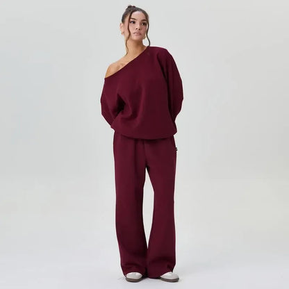 Sloping Shoulder Top & Wide Leg Pants Set