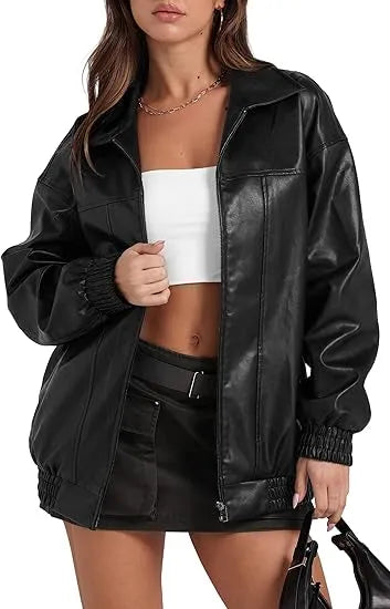 Leather Jacket Women Faux Oversized Motorcycle Bomber Coats 2025 – Bold, Chic & Unstoppable