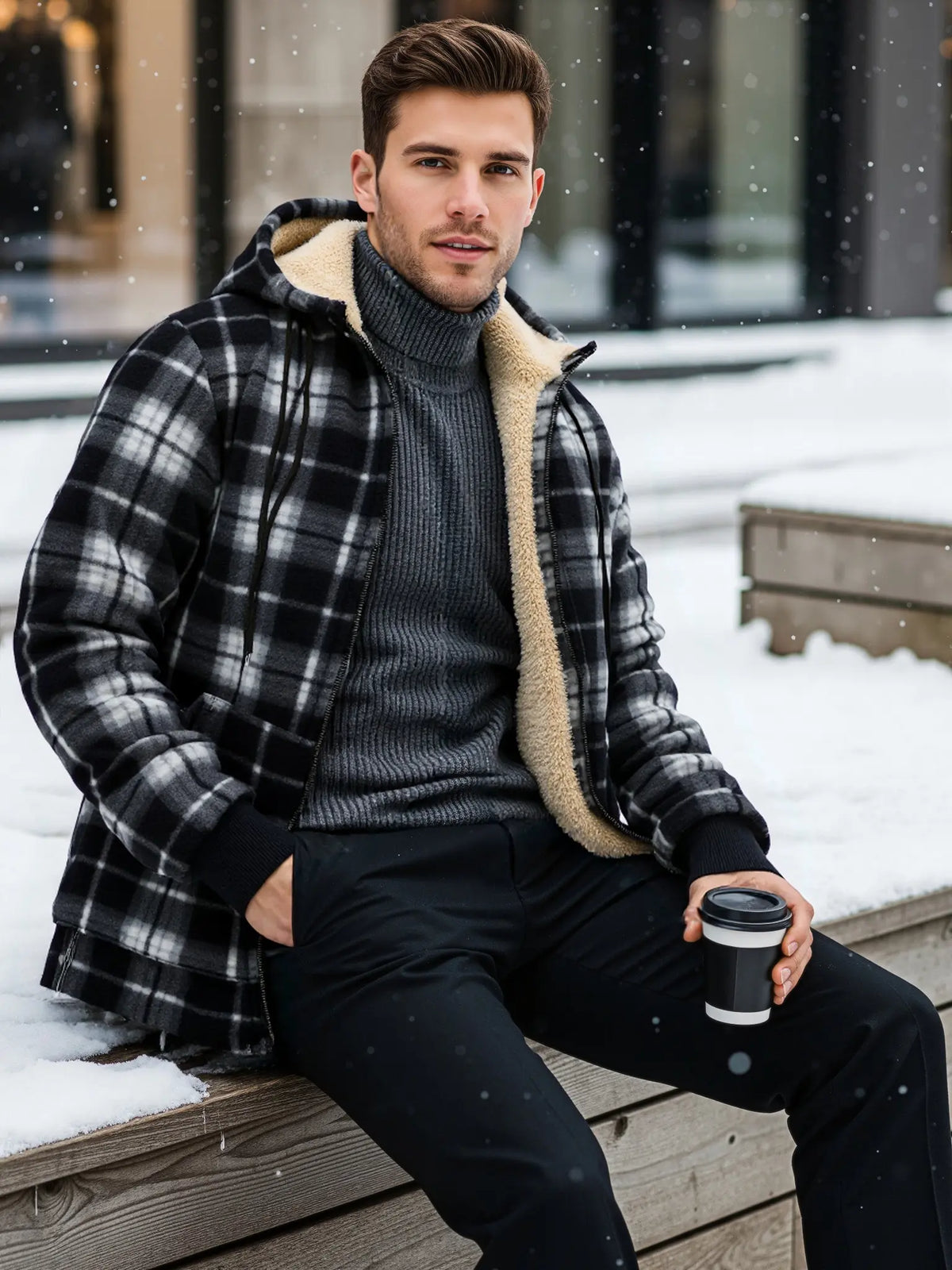 Men's Slim-Fit Thickened Plaid Fleece Hooded Jacket
