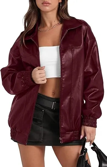 Leather Jacket Women Faux Oversized Motorcycle Bomber Coats 2025 – Bold, Chic & Unstoppable
