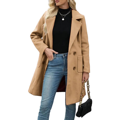 Women's Winter Wool Blend Camel Mid-Long Coat