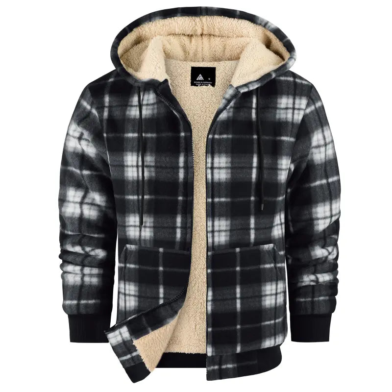 Men's Slim-Fit Thickened Plaid Fleece Hooded Jacket