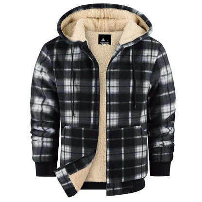 Men's Slim-Fit Thickened Plaid Fleece Hooded Jacket