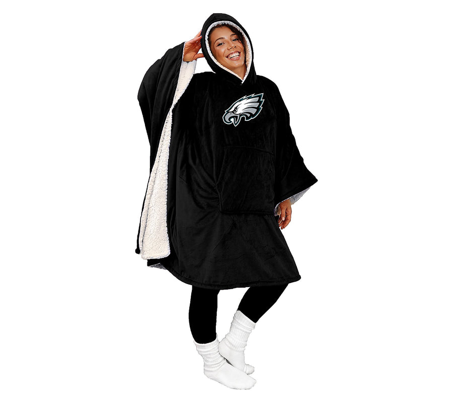Black wearable hooded blanket with plush inner lining